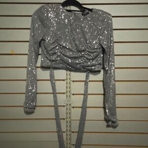 NWTS Boutique Privvy Silver Sequin Long Sleeve Crop Top Tie Back Party Sparkle M